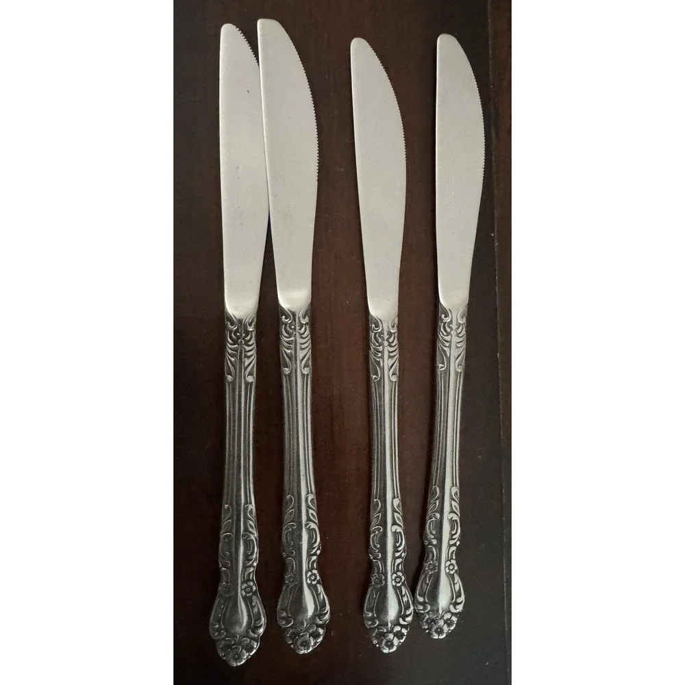 Set of 4 Stainless Steel Dinner Knives, EKCO Eterna made in Japan, floral handle